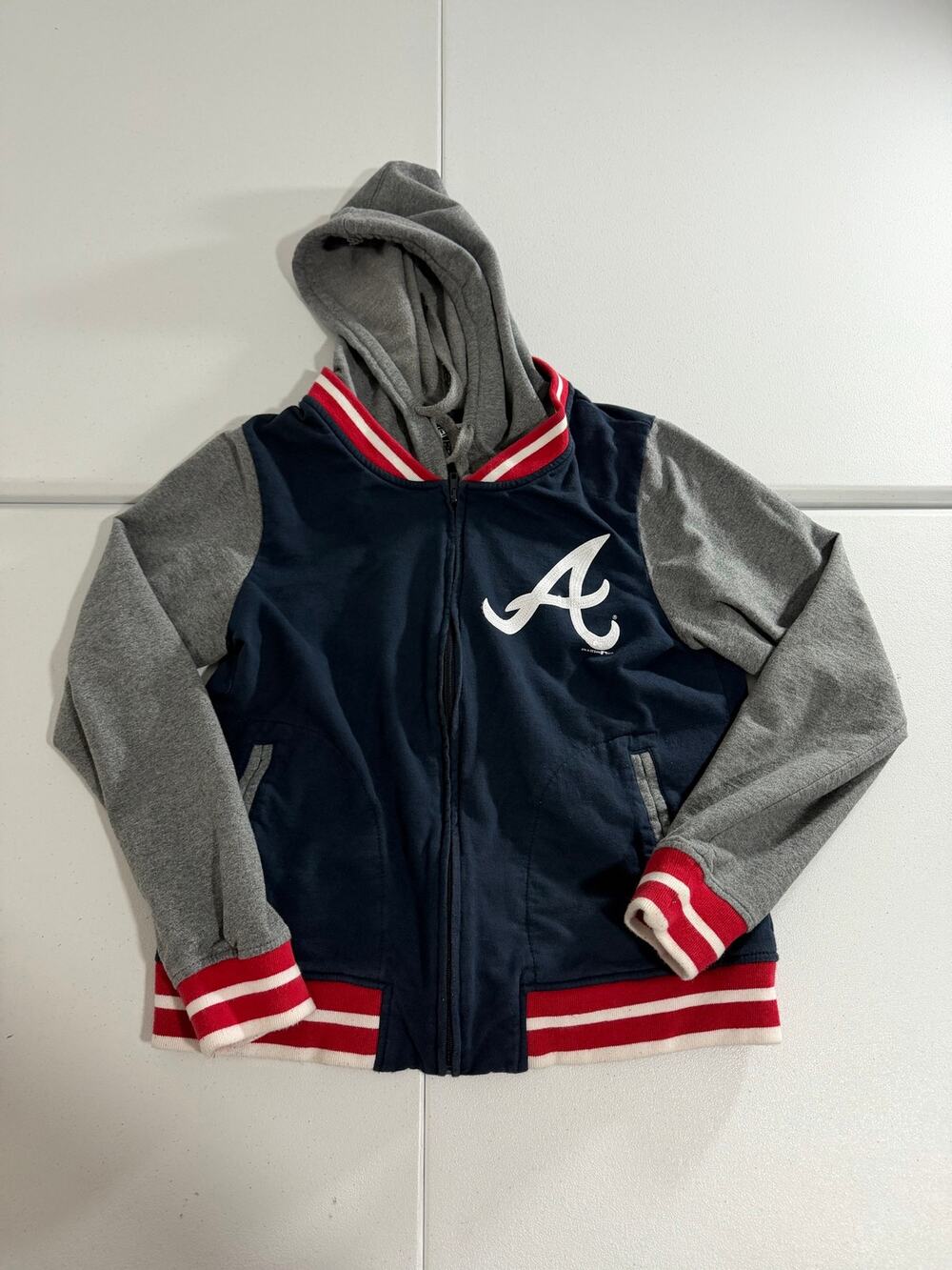 New Era Atlanta Braves Varsity Zip Hoodie Large Navy Gray Baseball Jacket